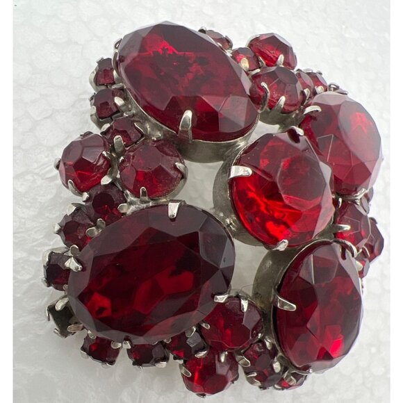 Vintage Red Rhinestone Brooch Pin Domed Prong Set Silver Tone Statement Runway - Picture 8 of 15